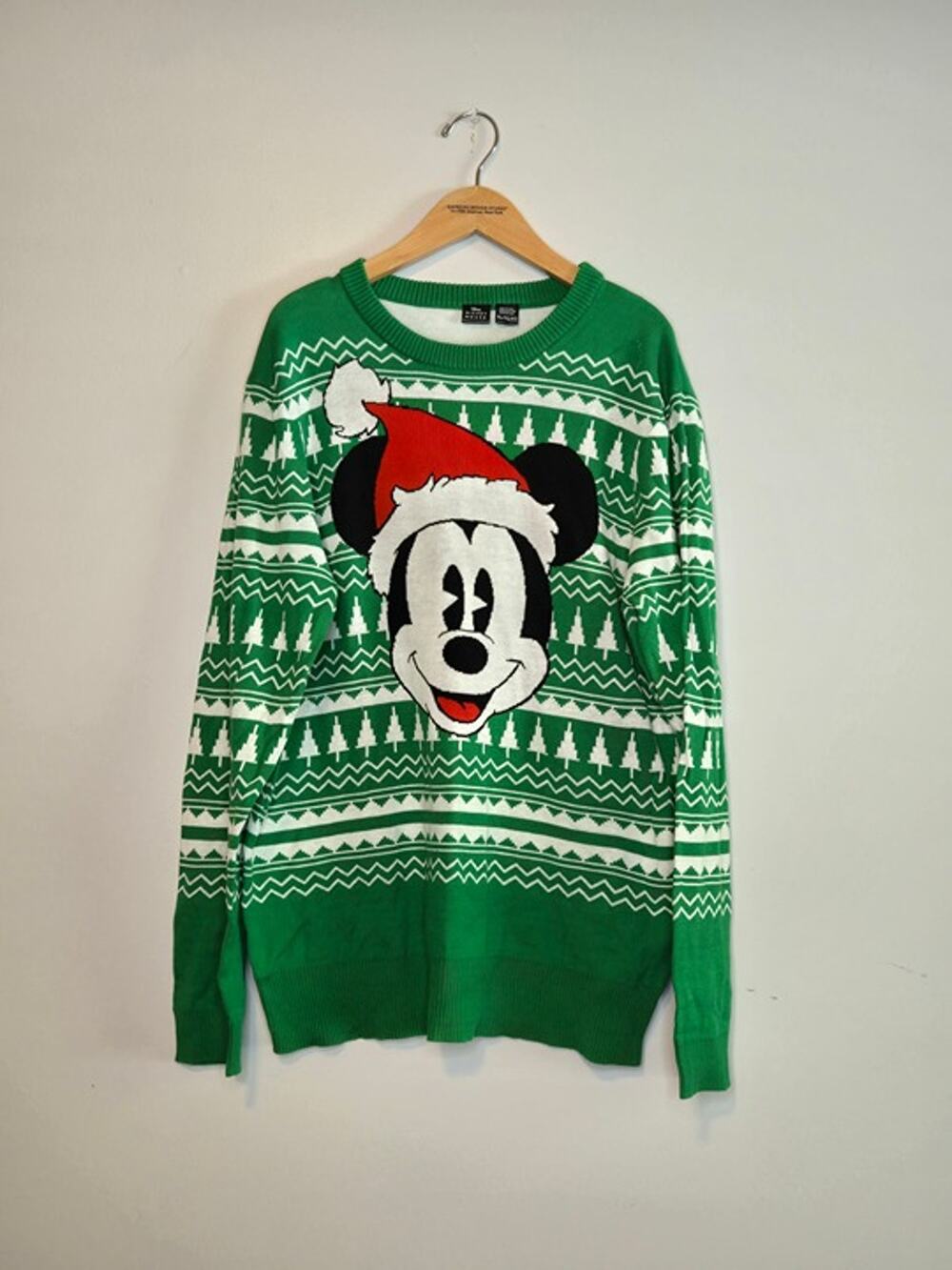 Disney Mickey Mouse Christmas Sweater XL Green Fair Isle Santa Hat